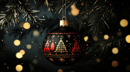 Stylishblack red and gold Christmas bauble hanging on a fir tree.