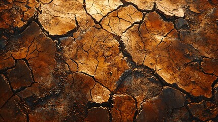 Dramatic Texture of Cracked Earth, Dry Soil, Arid Land, Drought, Desert Landscape, Brown Hues, Golden Light, Environmental Crisis, Global Warming, Climate Change, Soil Erosion, Abstract Background,