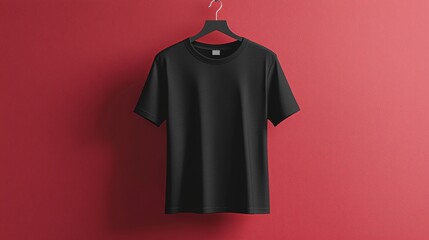 Blank Black T-Shirt Mockup on Red Background - Apparel Design Template, Clothing, Fashion, Style, Product Presentation, Branding, Minimalist, Clean, Simple, Studio Shot, High-Resolution, Realistic, 3D