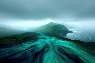 Lush, flowing turquoise water cascades around a misty, verdant isle