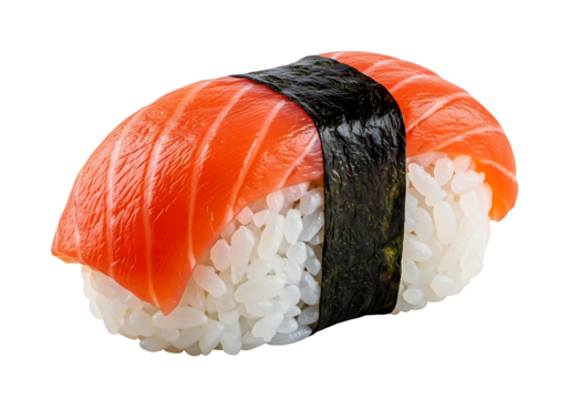 Close-up view of a salmon nigiri sushi piece.