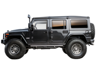 Black hummer h1 suv vehicle side profile isolated on white background PNG.AI Generated.