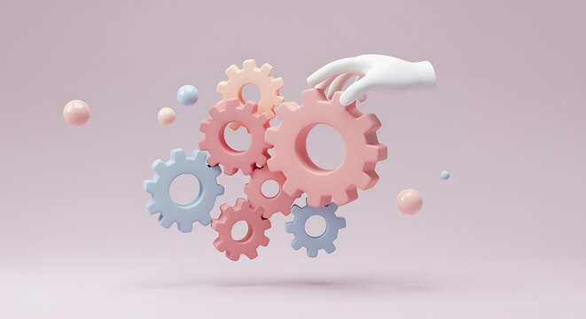 Pastel Gears and Hand Connecting System Components in a Conceptual Design for Business Process Automation and Mechanical Engineering Solutions with Modern Minimalist Aesthetic