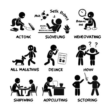 10 black and white icons of kids learning solvin