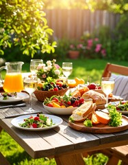 Rustic Backyard Meal with Bread, Cheese, and Fruits