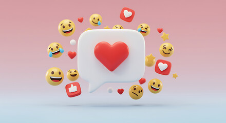 Social Media Engagement and Communication Icons with Love Hearts and Smiley Faces Representing Online Interactions and User Feedback for Marketing and Branding