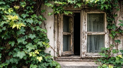 Charming weathered window framed by lush green ivy, showcasing nature's reclaiming touch.