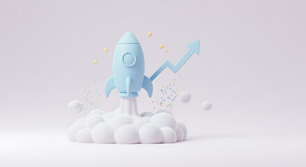 Startup Rocket Launch with Rising Arrow Symbolizing Business Growth and Success in a Modern Light Background