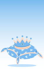 Blue gradient banner with a prince's crown on a pillow. Royal blue jewels symbolizing a gender reveal party. Flat color illustration. Pregnancy, gender reveal party. baby shower. It's a boy. vertical