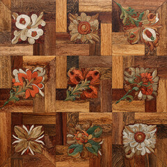 A detailed top-down view of an antique wood parquet floor with intricate floral marquetry, showcasing classic, luxurious craftsmanship for historical interiors.
