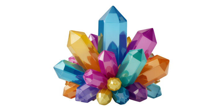 Colorful Geometric Crystals Cluster with Transparent Background, 3D Realism Design Element
