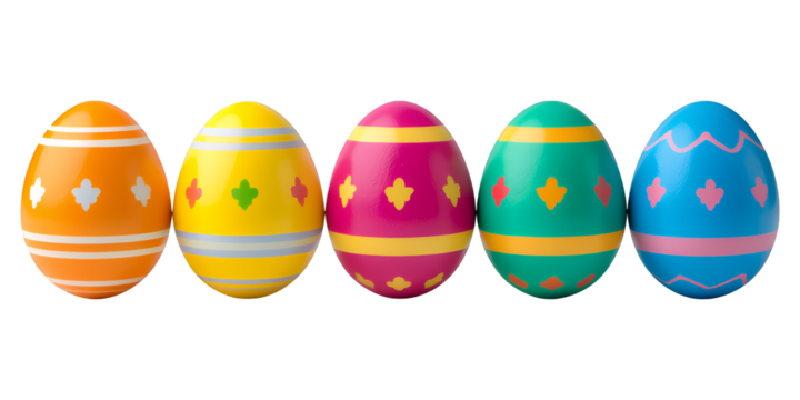 Colorful Easter Eggs with Floral Patterns, Glossy Finish on Transparent Background, Festive Graphic for Digital Media