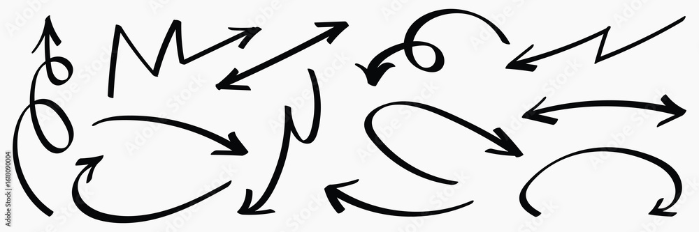 Poster set of simple lines hand drawn black arrows in various style. set of simple of hand drawn black arro