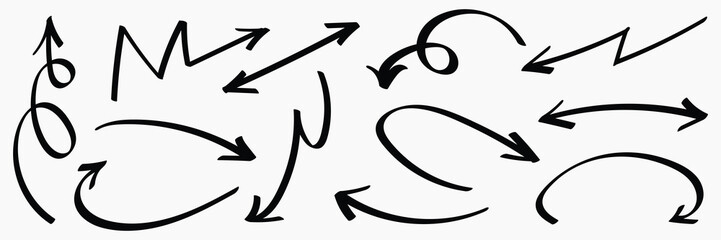 Set of simple lines hand drawn black arrows in various style. Set of simple of hand drawn black arrows. Set of simple lines hand drawn black arrows. Various of simple lines arrows collection