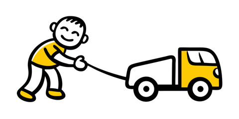 a boy pullyng a toy truck while smiling