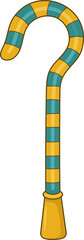 Cartoon walking stick with blue and gold bands, against a black background.