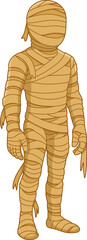 Cartoon Mummy Figure Wrapped in Bandages on a Dark Background