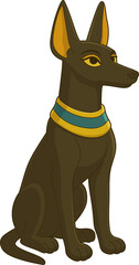 Seated jackal with striking golden eyes and ornate collar stands proud.