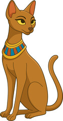 Egyptian feline with a jeweled collar in a cartoon depiction.