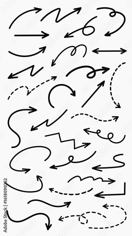 Poster set of simple lines hand drawn black arrows in various style. set of simple of hand drawn black arro