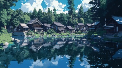 Naklejka premium Serene Japanese village nestled beside a tranquil pond.