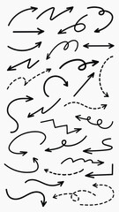 Set of simple lines hand drawn black arrows in various style. Set of simple of hand drawn black arrows. Set of simple lines hand drawn black arrows. Various of simple lines arrows collection