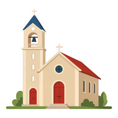 Fototapeta premium Church Illustration with Red Doors and Bell Tower, Transparent Background, Flat Design Asset