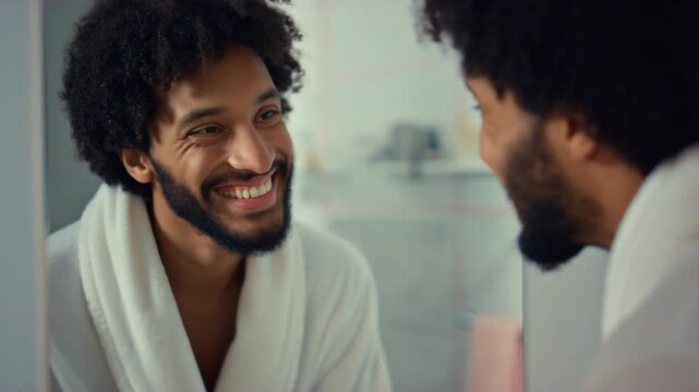 Mirror, smile and man in bathroom with self care, morning routine and confidence for grooming, skincare and wellness. Happy male enjoying reflection and start of day with positivity and hygiene