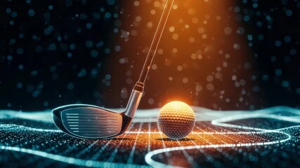 A close-up view of a golf club poised to strike a glowing golf ball on a futuristic digital background with vibrant lighting and abstract patterns enhancing the scene - Powered by Adobe