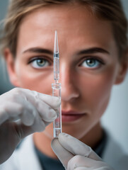 Female scientist holding a small transparent vial between thumb and forefinge