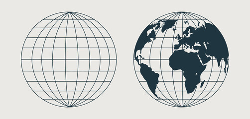 Two globes side by side one with a map of the world and one with a grid