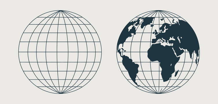 Two globes side by side one with a map of the world and one with a grid - Powered by Adobe