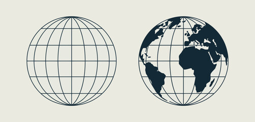 Two globes showing continents and grid lines with one globe outlined and the other filled