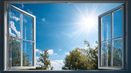 Fototapeta premium A bright sunny day viewed through an open window, with vibrant blue skies and fluffy clouds enhancing the serene atmosphere.