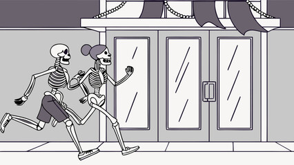 Two skeletons running past a building with doors and decorative awning in a grayscale illustration