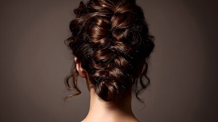 Fototapeta premium Stylized Rear View of Elegant Brown Hair Updo with Twisted and Pinned Texturehair, updo, brunette, twisted, elegant, pinned, texture, style, beauty, rear, head, hairstyle, bun, fashion, formal, strand