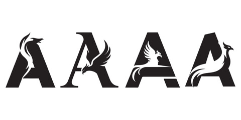 Four Black and White Phoenix Bird Logos Incorporated into Letter A Design, Stylized Bird and Initial Logos for Branding and Corporate Identity