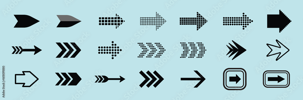 Poster collection of black arrow icons in various styles and directions for design projects needing directi