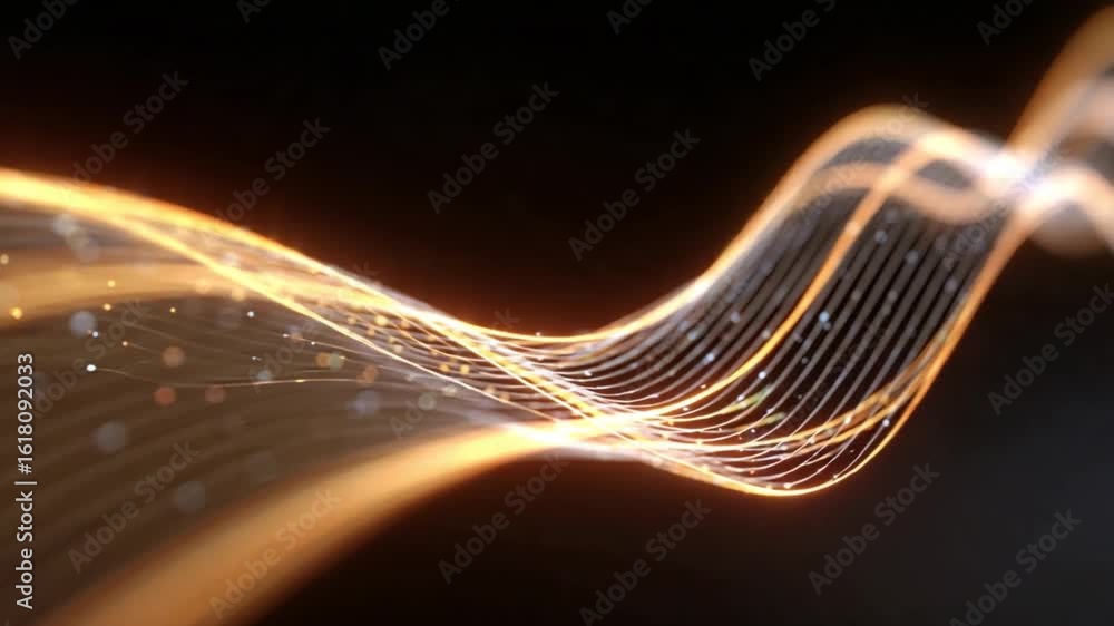 Poster golden energy flow: captivating visual of fluid, glowing lines forming a dynamic wave against a dark