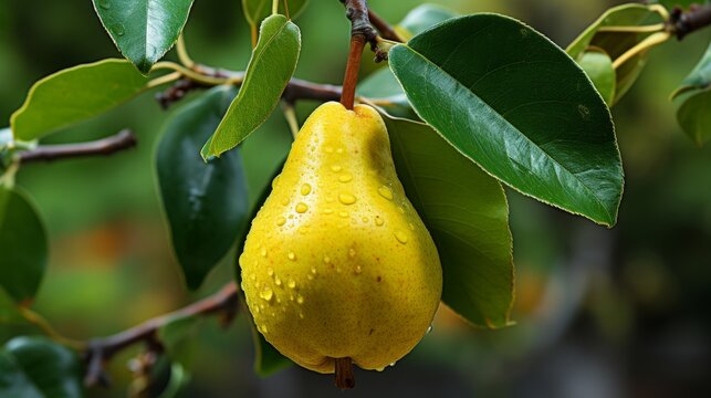 A fresh yellow pear hangs on a branch surrounded by vibrant green leaves. The image captures the purity of nature. Perfect for food lovers and health enthusiasts. AI