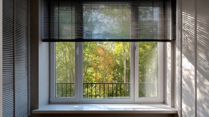 Obraz premium Bright and airy window scene with blinds partially drawn, showcasing vibrant autumn foliage outside.