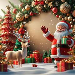 Jolly Santa Claus and His Reindeer with Christmas Gifts