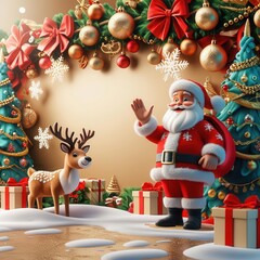 Jolly Santa's Christmas Greeting with Reindeer
