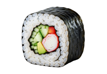Close-up view of a sushi roll with various fillings.