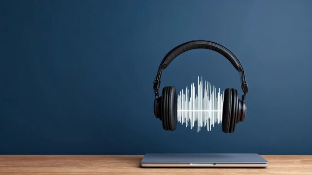 Poscast Immersive Headphones Above Laptop Create Modern Sound Waves, Showcasing Technology and Audio