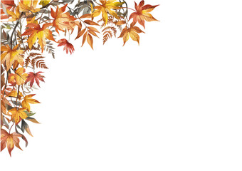 Flat vector illustration of an autumn-themed frame with vibrant maple and fern leaves in warm red, orange, and yellow tones, cascading from the top and left edges on transparent background.