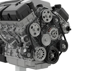 Fototapeta premium a meticulously detailed modern vehicle engine showcasing its intricate serpentine belt system, metallic pulleys, tensioners, and prominent alternator, made of high-grade steel and polished aluminum,