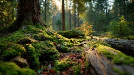 Fototapeta premium Enchanting Sunlight Filtering Through Mossy Forest Floor in Early Morning