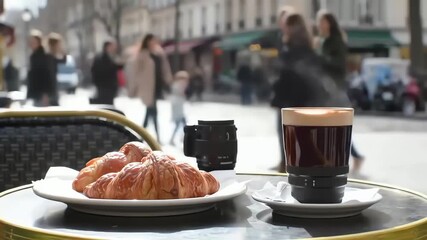 Parisian cafe delight croissant coffee lens street scene - Powered by Adobe