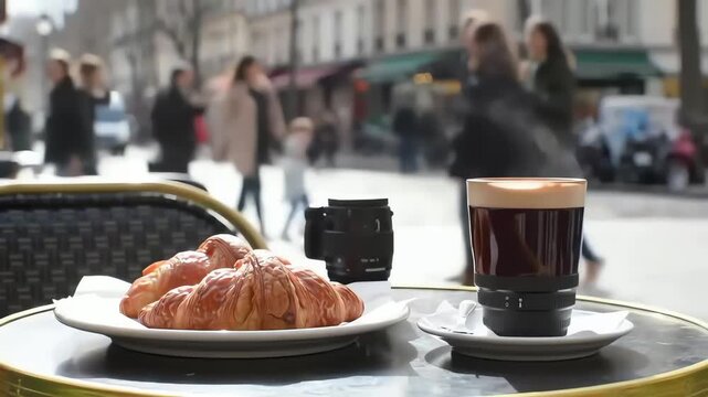 Parisian cafe delight croissant coffee lens street scene